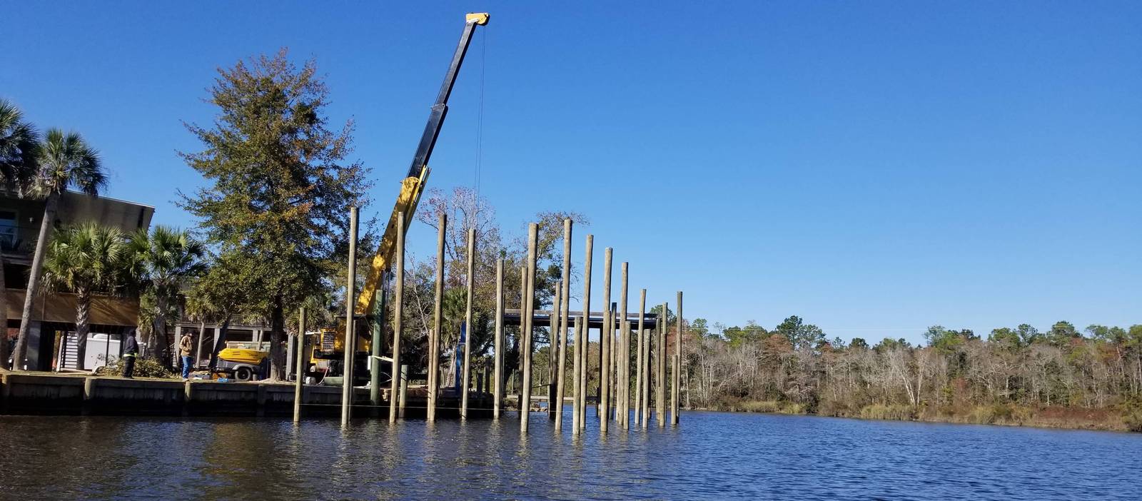 Yellow crane setting a row of wooden pilings out into a bayou, crew on the bank